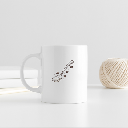 Mug café avec cuillère joyeuse et grains dans doodle élégant
