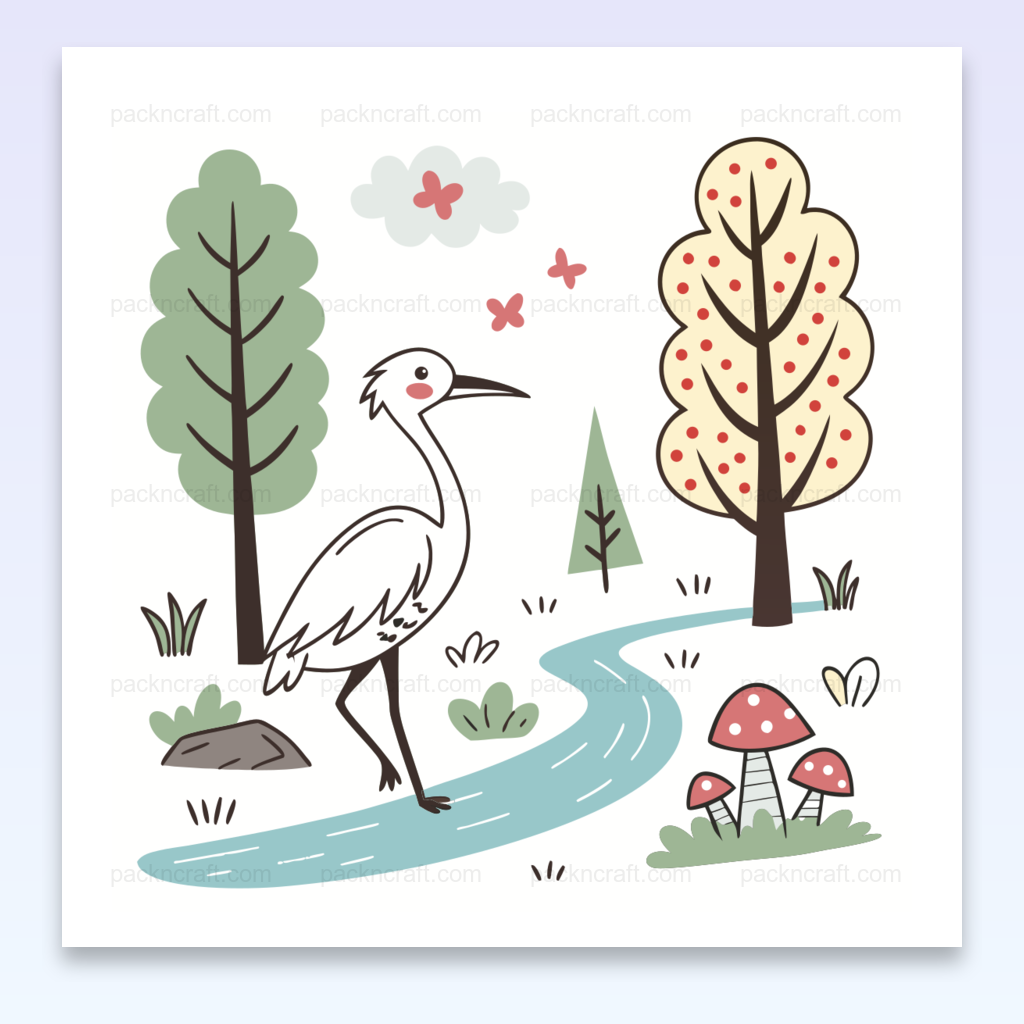 Illustration SVG héron au bord du ruisseau, nature paisible pour projets DIY et déco