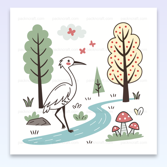 Illustration SVG héron au bord du ruisseau, nature paisible pour projets DIY et déco