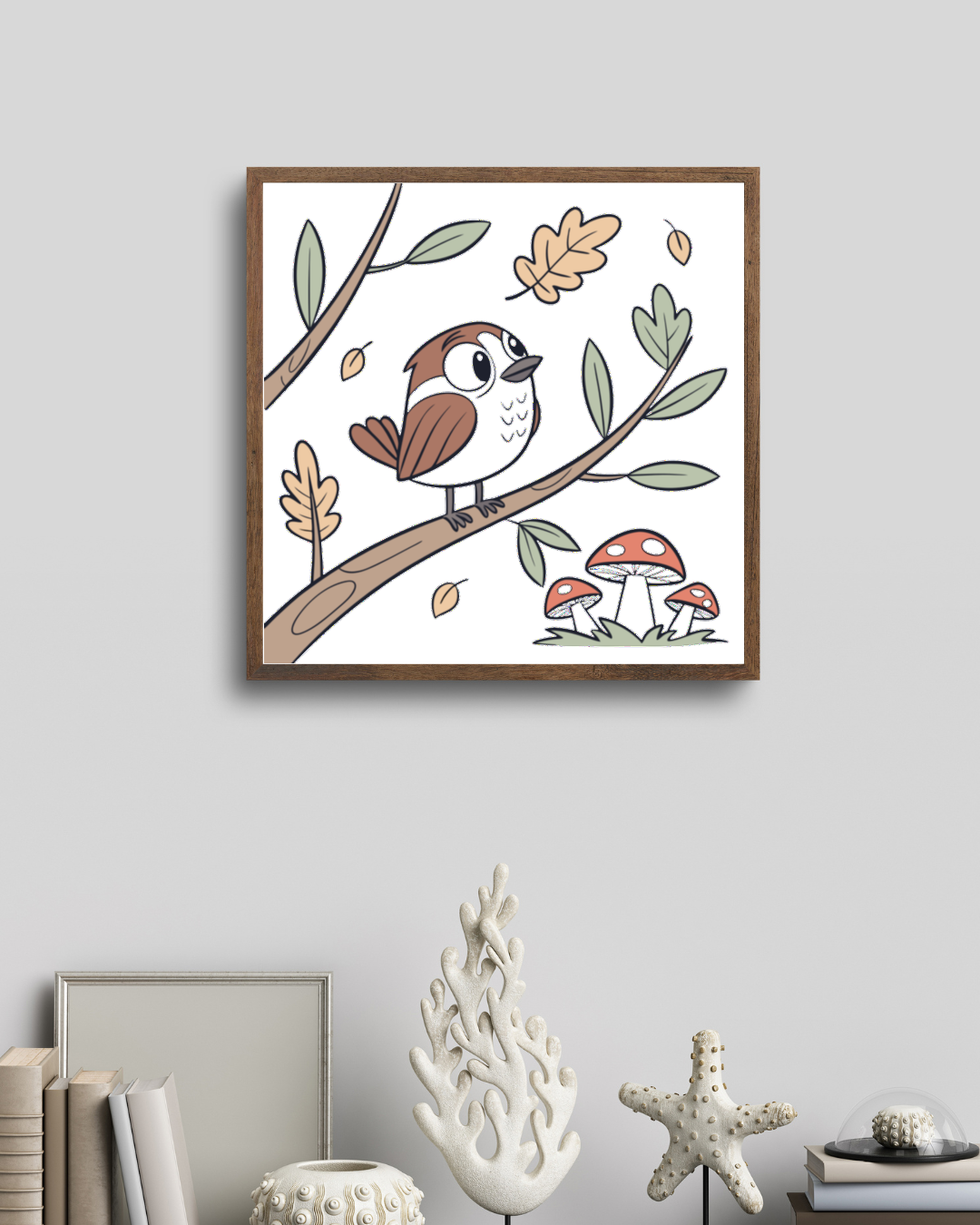 Cadre automnal avec un doodle d'oiseau curieux sur une branche