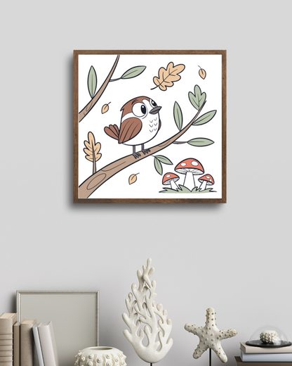 Cadre automnal avec un doodle d'oiseau curieux sur une branche