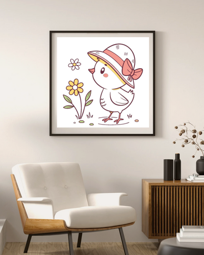 Cadre décoratif affichant un poussin espiègle animé style doodle printanier