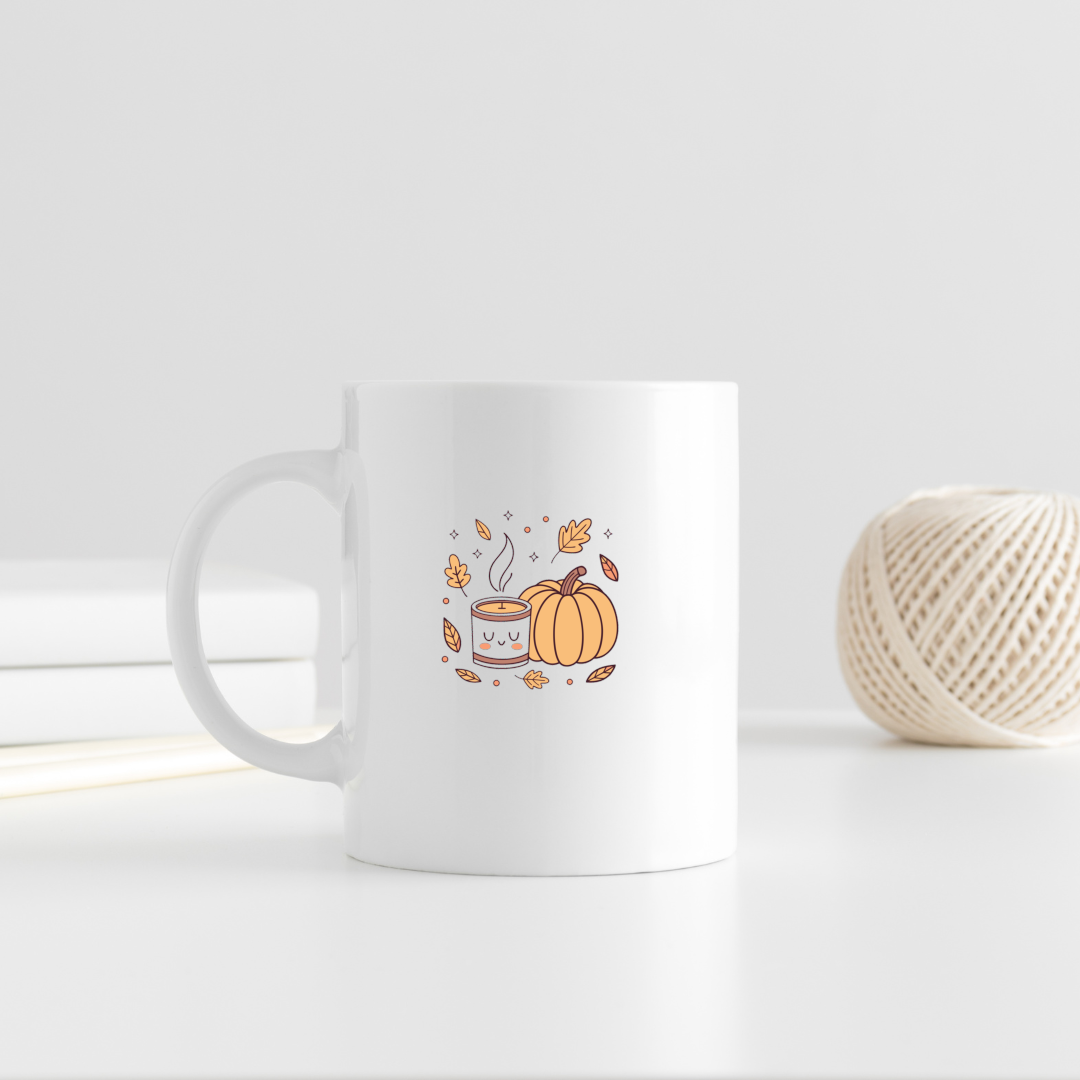 Mug décoratif avec design style doodle de bougie et citrouille ambiance automne
