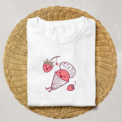 T-shirt avec fraise kawaii en cornet pour un style estival vibrant