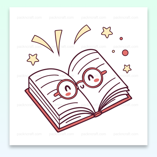 Illustration kawaii d'un livre joyeux avec lunettes, idéale pour l'éducation et la papeterie.