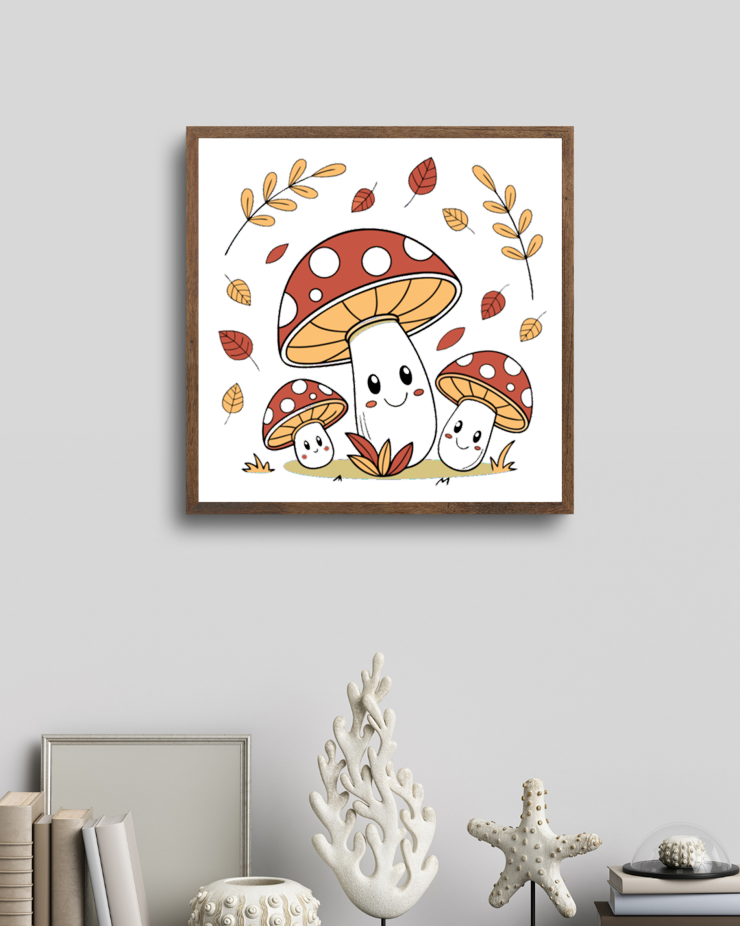 Cadre décoratif avec motif de champignons souriants en tons pastel automnaux