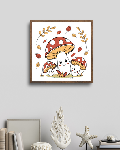 Cadre décoratif avec motif de champignons souriants en tons pastel automnaux