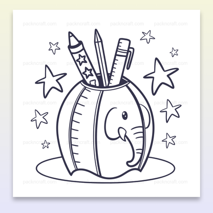Illustration d'un éléphant crayon pot avec étoiles, idéal pour déco et projets pédagogiques.