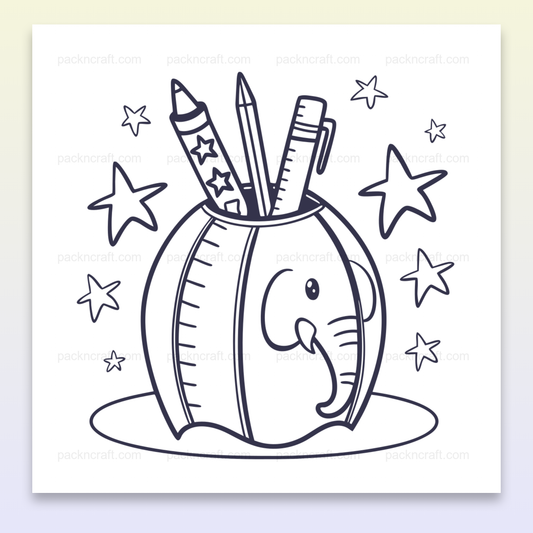 Illustration d'un éléphant crayon pot avec étoiles, idéal pour déco et projets pédagogiques.