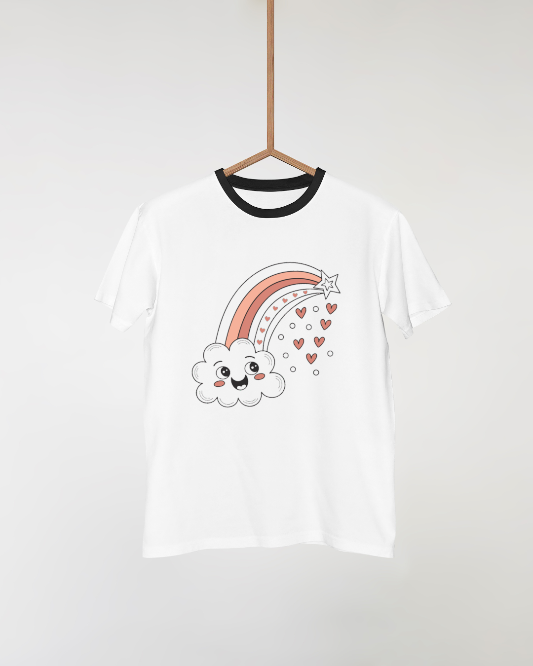 T-shirt kawaii avec nuage souriant et arc-en-ciel, idée mode pour enfants.