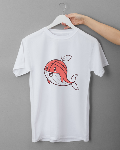 T-shirt au design kawaii avec baleine joyeuse sur fond aux couleurs de l'océan