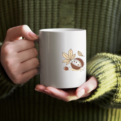 Mug avec motif de châtaigne joyeuse, style vectoriel doux sur fond automnal