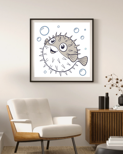 Cadre affichant un poisson-ballon souriant dans un doodle sur le thème marin