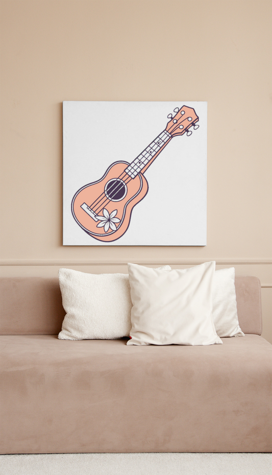 Cadre artistique avec ukulélé fleuri vibrant, symbole d'évasion musicale