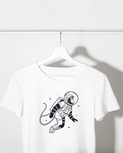 T-shirt featuring an astronaut monkey floating for a minimalistic cosmic adventure