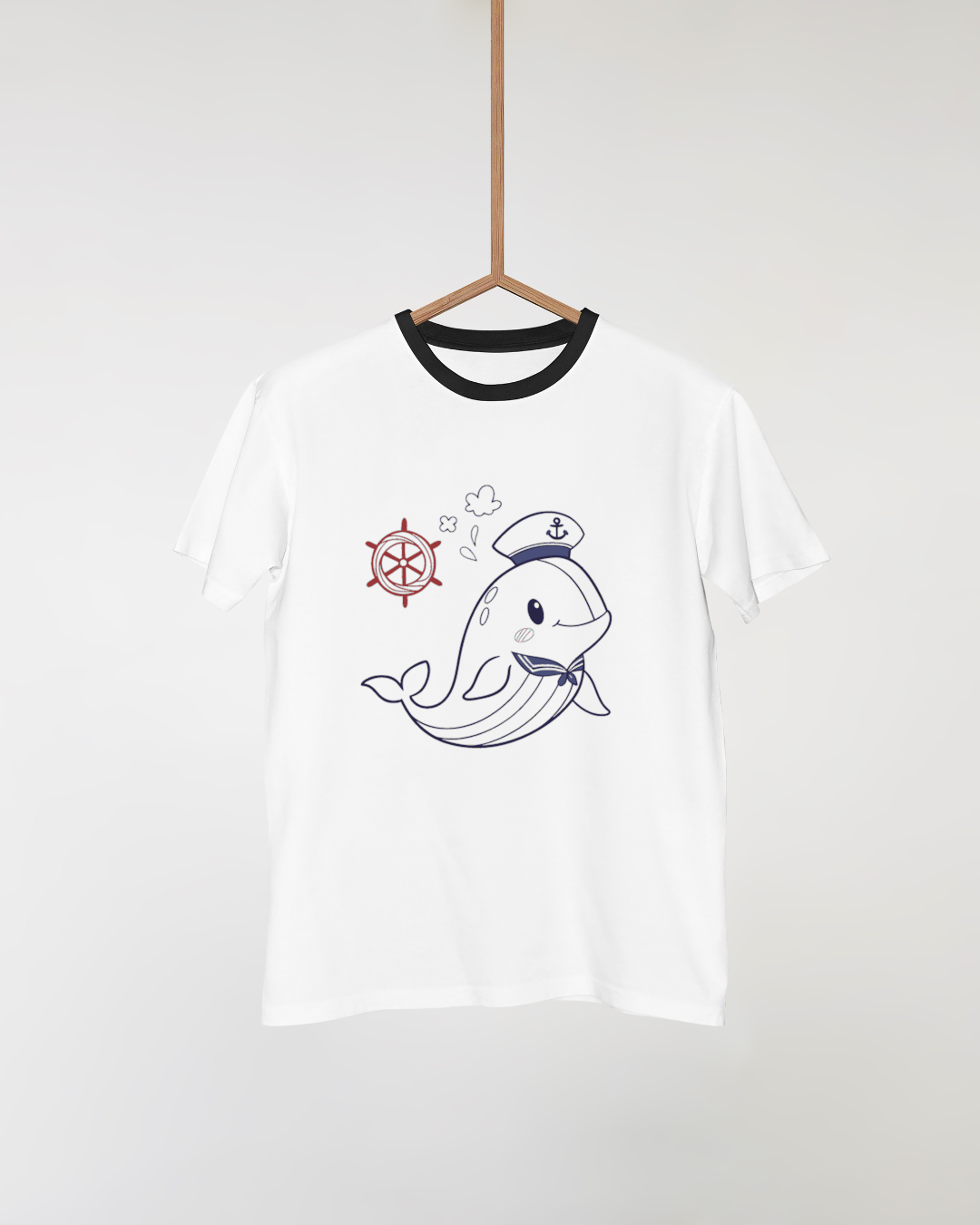 T-shirt moderne avec doodle nautique de baleine capitaine souriant en bleu