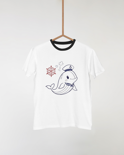 T-shirt moderne avec doodle nautique de baleine capitaine souriant en bleu