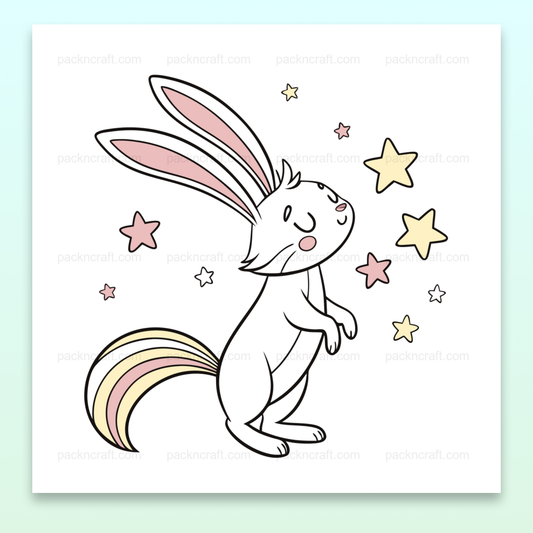 Illustration SVG d'un lapin rêveur parmi les étoiles, style pastel pour projets créatifs.