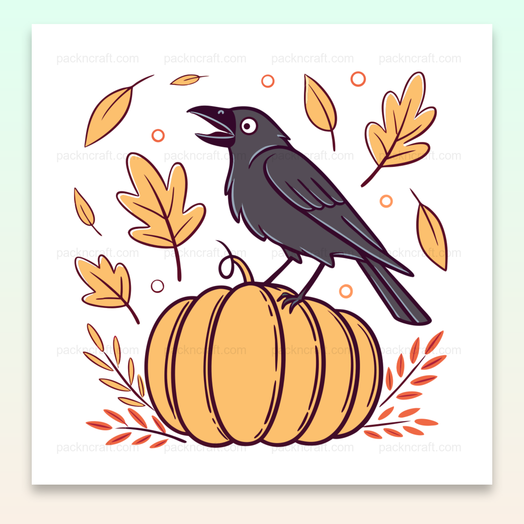 Illustration automnale d'un corbeau sur une citrouille.