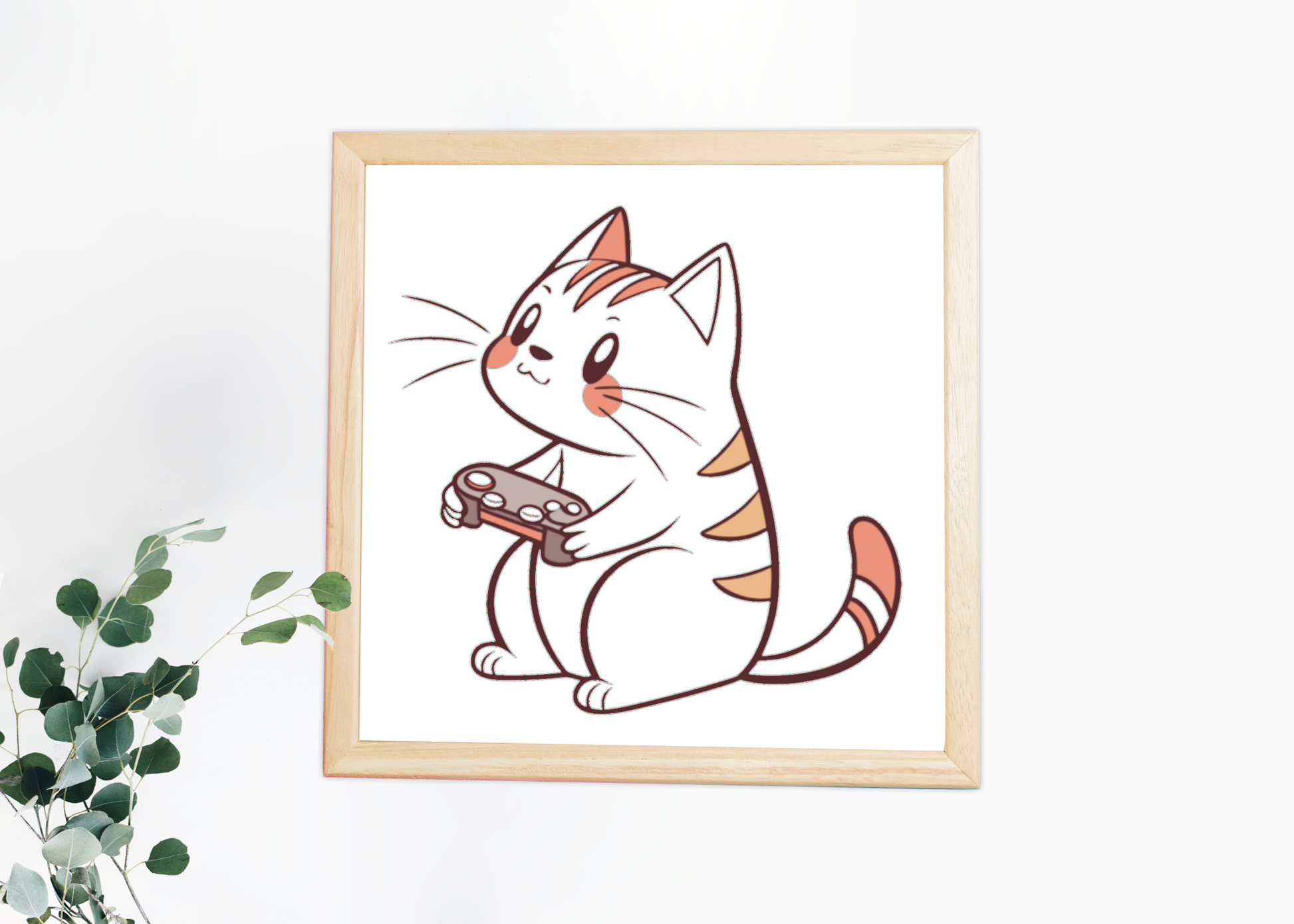 Cadre avec un chat kawaii joueur entouré d'éléments de gaming chill