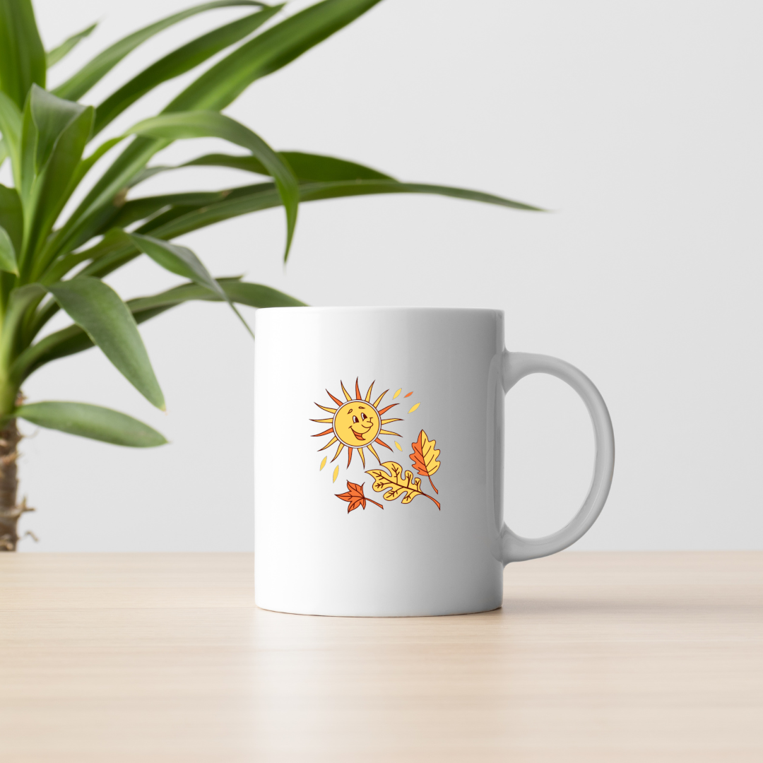 Mug illustré de soleil joyeux entouré de feuilles dorées automnales