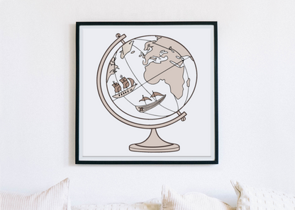 Cadre décoratif présentant un dessin vectoriel de globe explorateur pour les amateurs de voyage