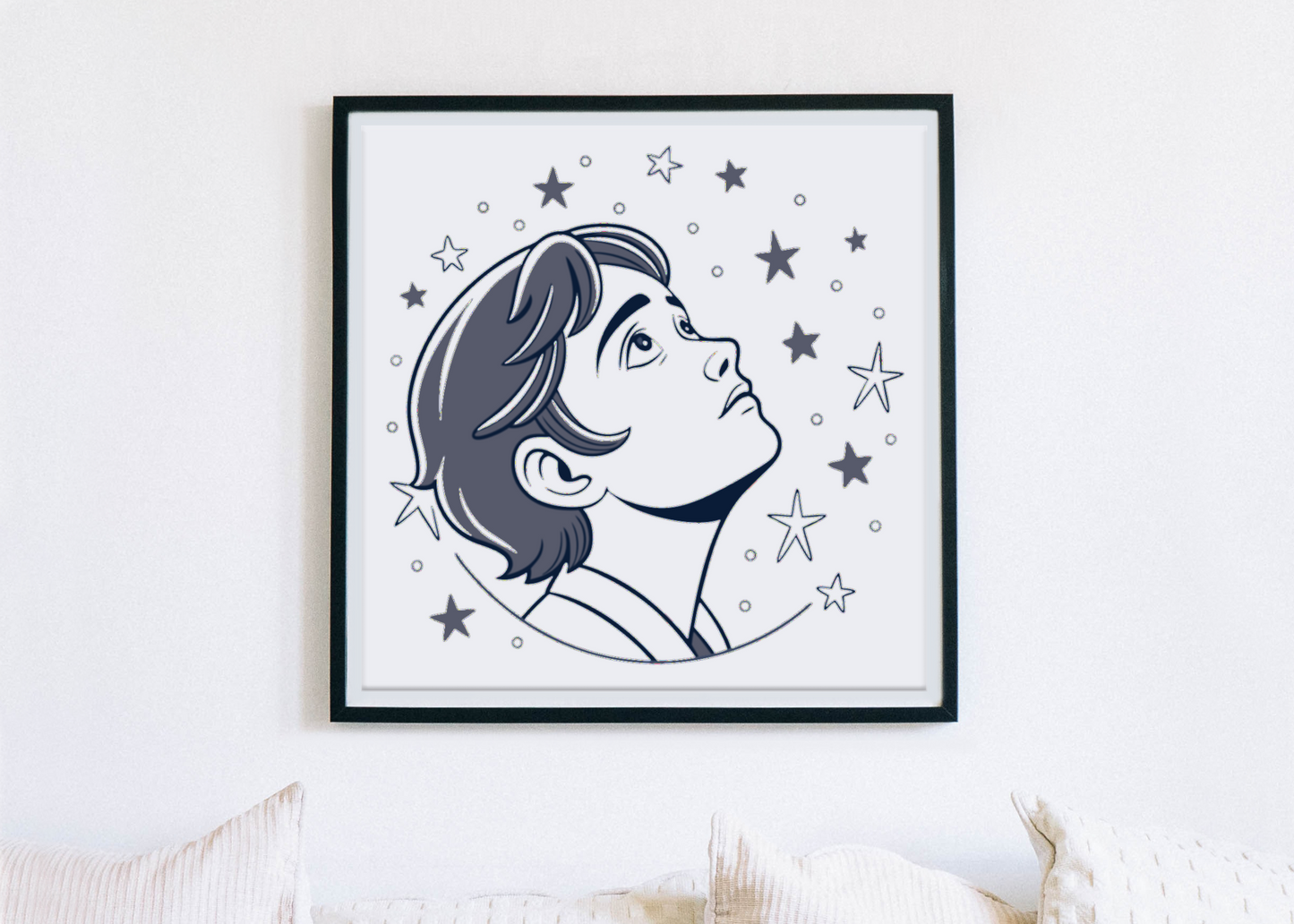 Cadre décoratif avec garçon rêveur, ambiance stellaire et exploration cosmique