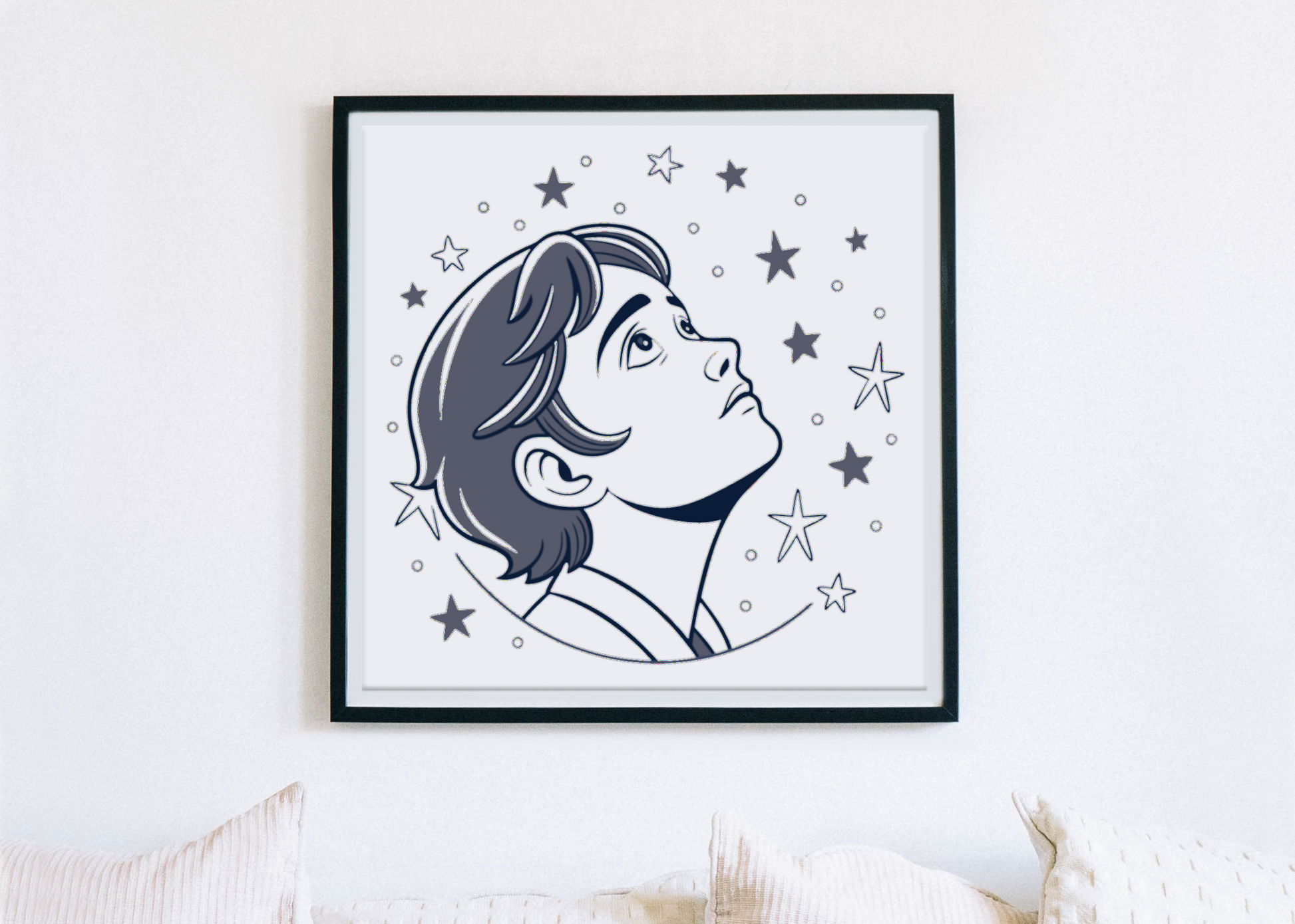 Cadre décoratif avec garçon rêveur, ambiance stellaire et exploration cosmique