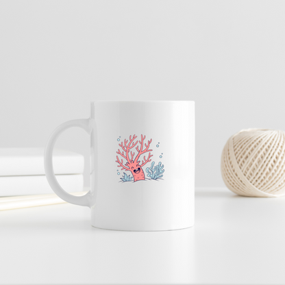 Mug décoré d'un corail joyeux animé style cartoon sur le thème marin