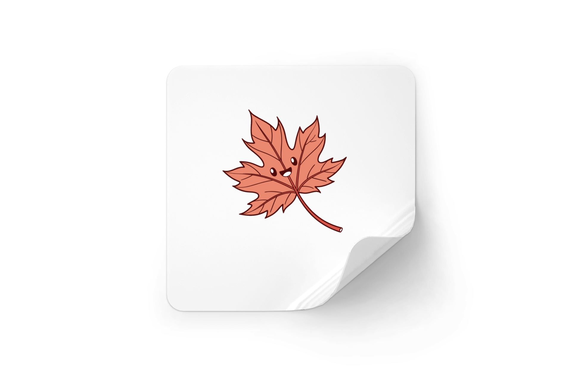 Sticker affichant une feuille d'automne souriante dans un style kawaii, thème automnal