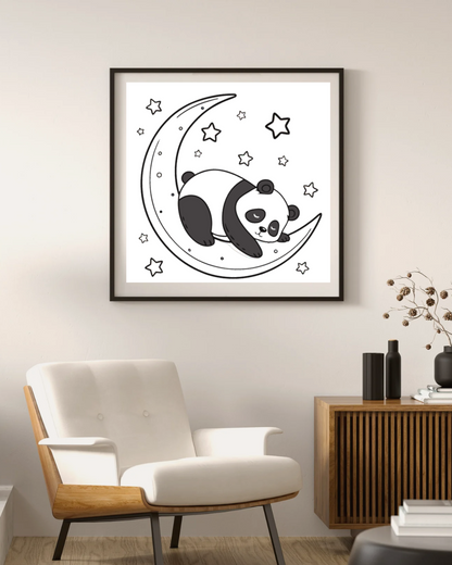 Cadre décoratif avec panda endormi sur une lune dans un style kawaii nocturne