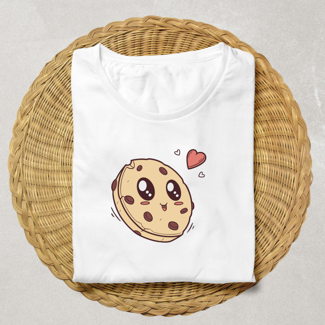 T-shirt design amusant avec cookie kawaii, parfait pour ajouter du fun.