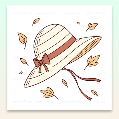 Illustration numérique d'un chapeau d'été flottant avec feuilles automnales, idéale pour DIY et décoration.