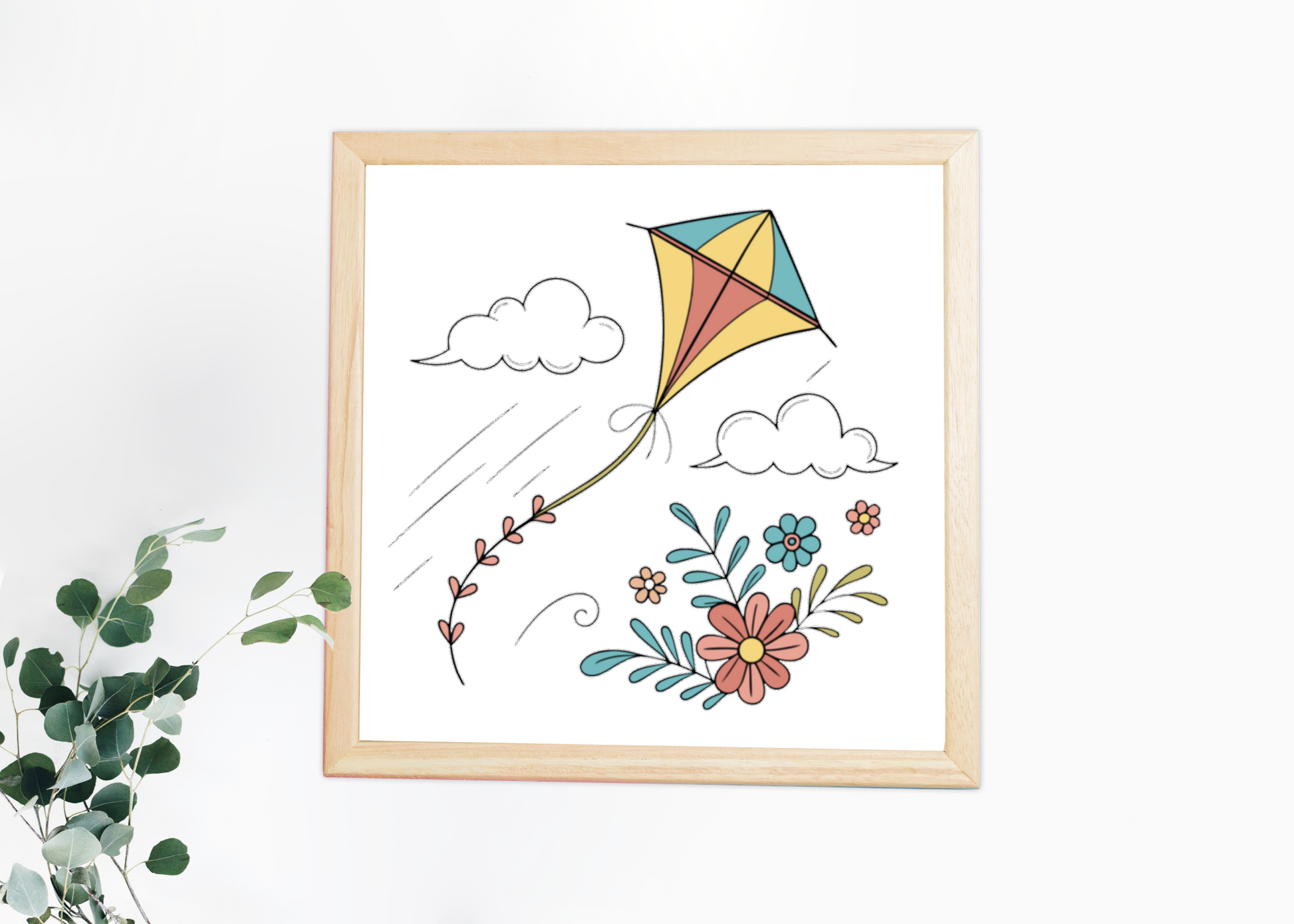 Cadre vibrant au style doodle avec cerf-volant flottant, ambiance printanière