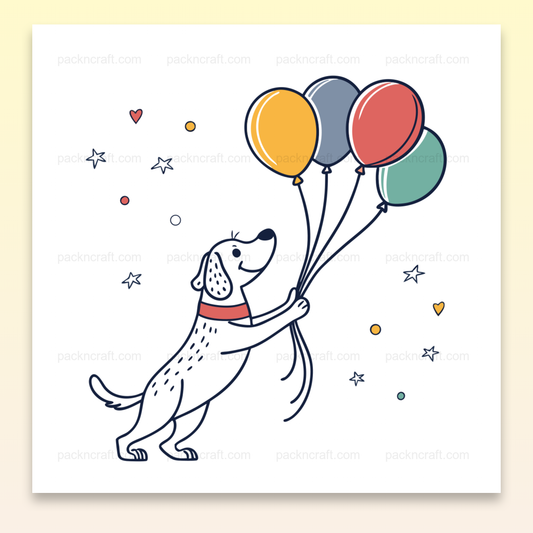 Illustration de chien joyeux tenant des ballons, idéal pour projets DIY et papeterie.