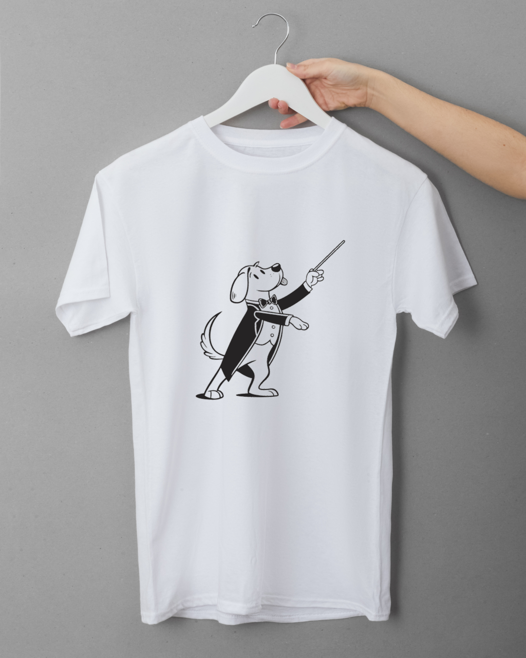 T-shirt avec chef d'orchestre canin rétro dans une scène musicale dynamique