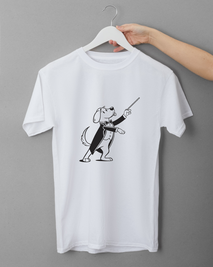 T-shirt avec chef d'orchestre canin rétro dans une scène musicale dynamique