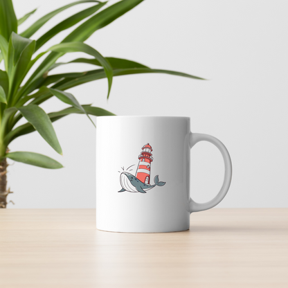 Mug avec baleine souriante et phare dans un style pastel pour une aventure marine