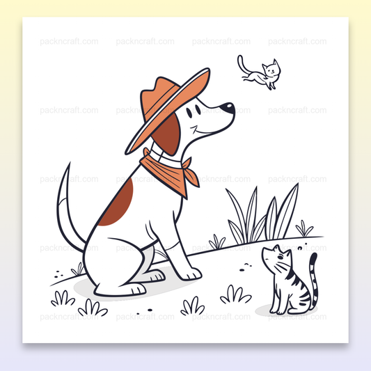 Illustration de chien en tenue de cowboy sur un fond aventureux. Utilisable pour DIY.