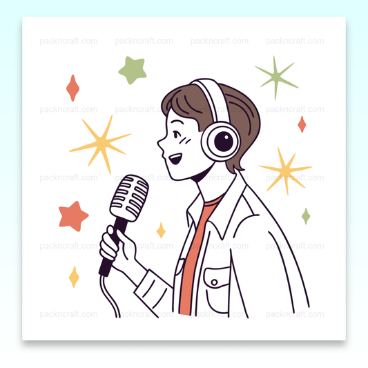 Illustration d'animateur radio avec micro et casque, fond de podcast, Illustration de micro et casque pour cadre de podcast, ambiance retro, Illustration sur mug de podcast avec micro et casque, idéal pour café créatif, T-shirt unique avec design de podcast, micro et casque rétro pour fans, Sticker original de podcast star, parfait pour personnalisations créatives