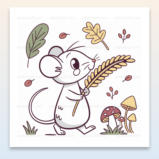 Illustration stylisée d'une souris curieuse avec des épis dans un décor forestier