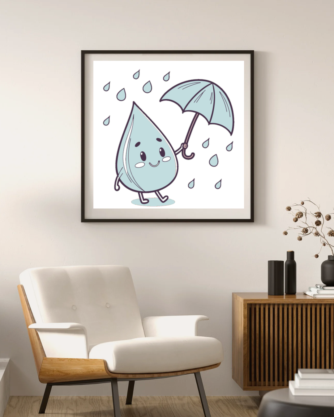 Cadre avec goutte joyeuse au style doodle sous la pluie sobre et minimaliste