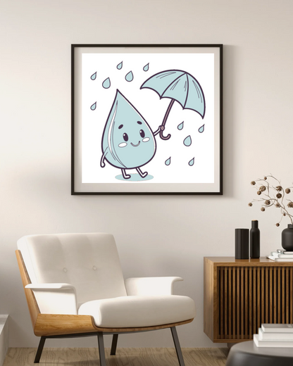 Cadre avec goutte joyeuse au style doodle sous la pluie sobre et minimaliste