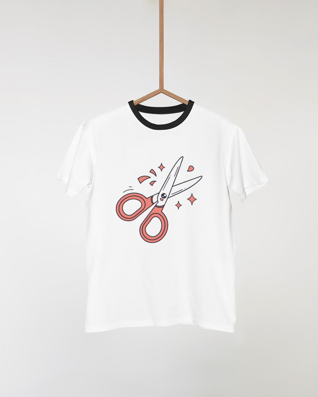 T-shirt avec doodle de ciseaux joyeux, style ludique et coloré pour école