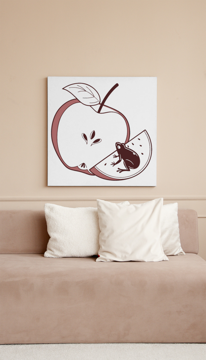 Cadre moderne avec icône grenouille doodle nature croquant une pomme