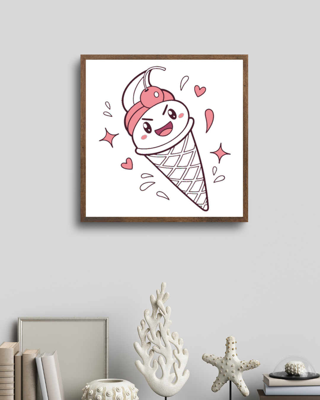 Cadre décoratif avec cornet glacé joyeux style kawaii dans un univers gourmand