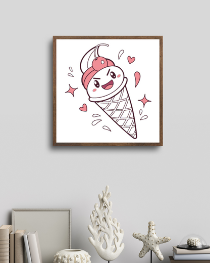 Cadre décoratif avec cornet glacé joyeux style kawaii dans un univers gourmand