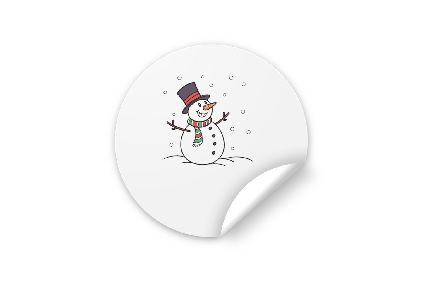 Sticker festif montrant un bonhomme de neige joyeux dans un décor hivernal enchanté