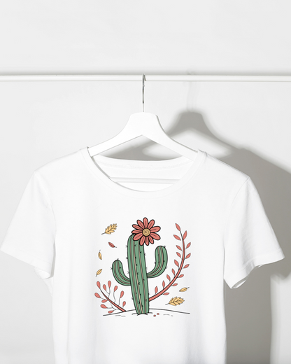 T-shirt avec motif vectoriel de cactus fleuri automnal, esprit naturel et moderne