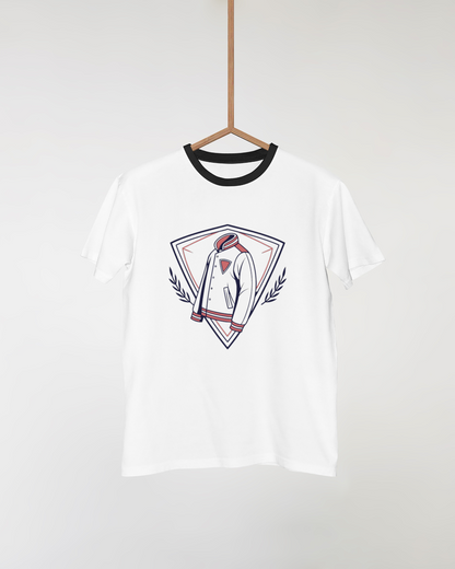 T-shirt avec veste varsity iconique, style doodle vectoriel, idéal pour mode urbaine